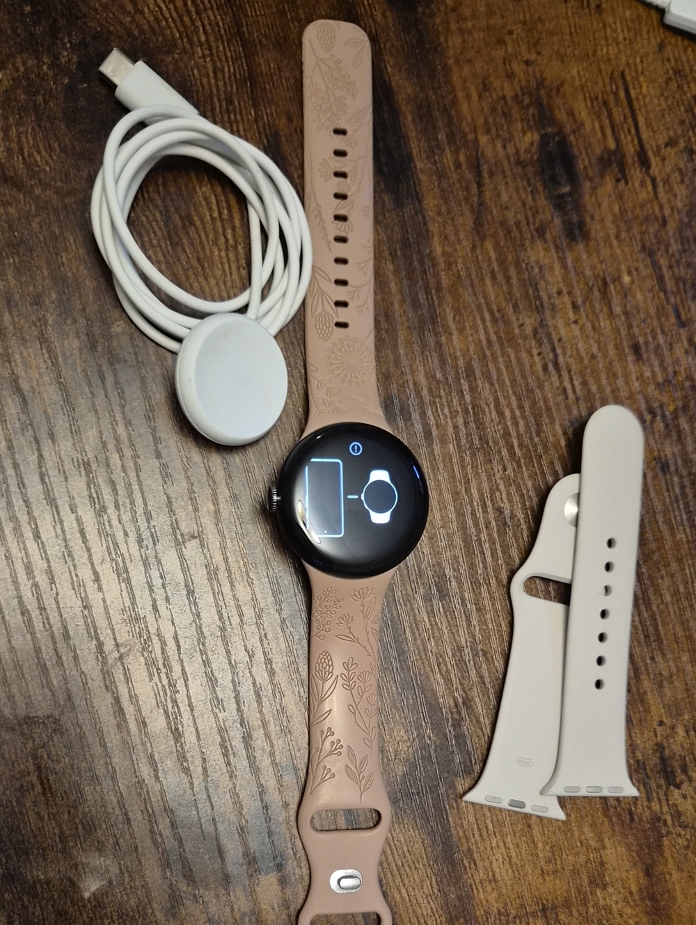 Google Pixel Watch. Pink Floral Silicone Band and Magnetic Charger